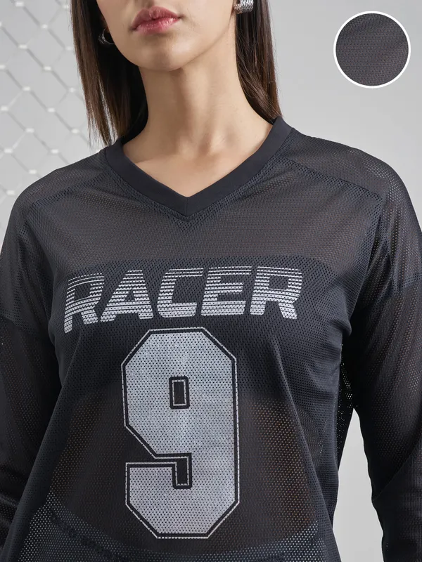 Street By Tokyo Talkies Women Black Printed V-Neck T-Shirt