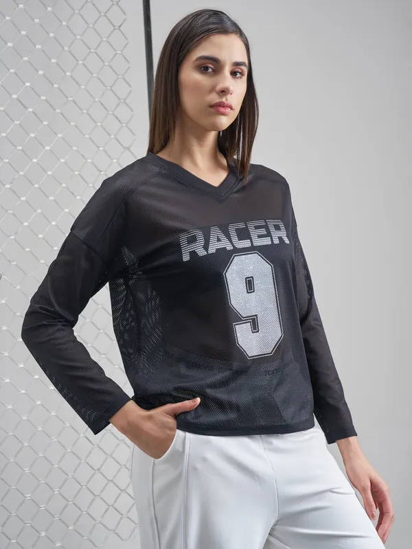 Street By Tokyo Talkies Women Black Printed V-Neck T-Shirt