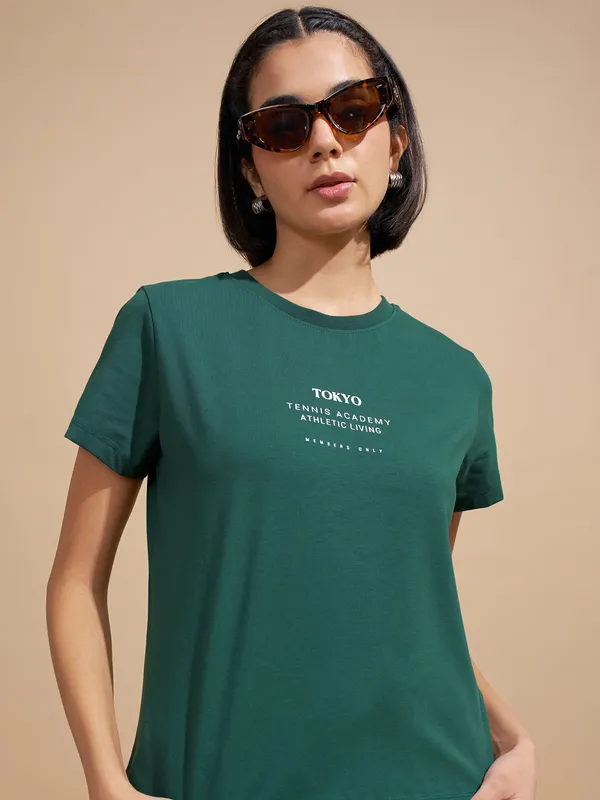 Tokyo Talkies Women Teal Printed Round Neck T-Shirts