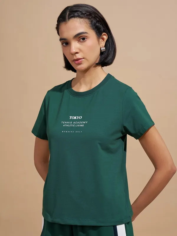 Tokyo Talkies Women Teal Printed Round Neck T-Shirts