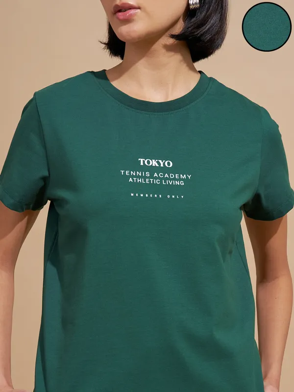Tokyo Talkies Women Teal Printed Round Neck T-Shirts