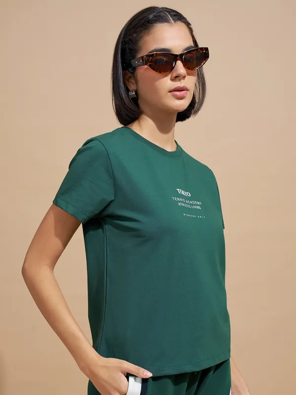 Tokyo Talkies Women Teal Printed Round Neck T-Shirts
