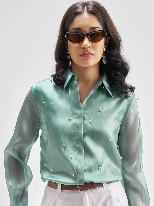 Tokyo Talkies Women Green Solid Casual Shirt