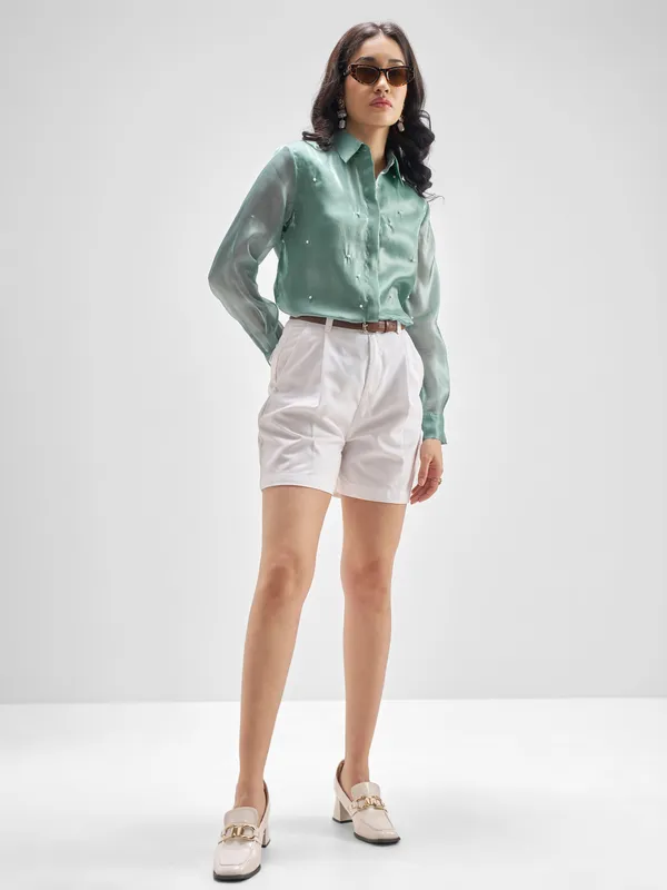 Tokyo Talkies Women Green Solid Casual Shirt