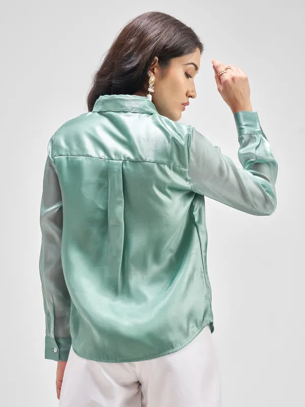 Tokyo Talkies Women Green Solid Casual Shirt