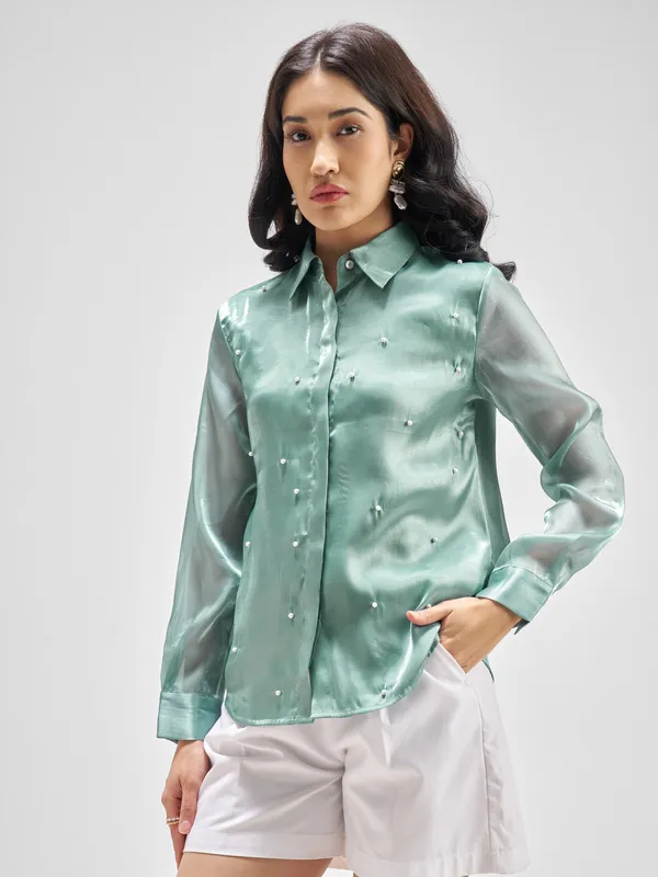 Tokyo Talkies Women Green Solid Casual Shirt