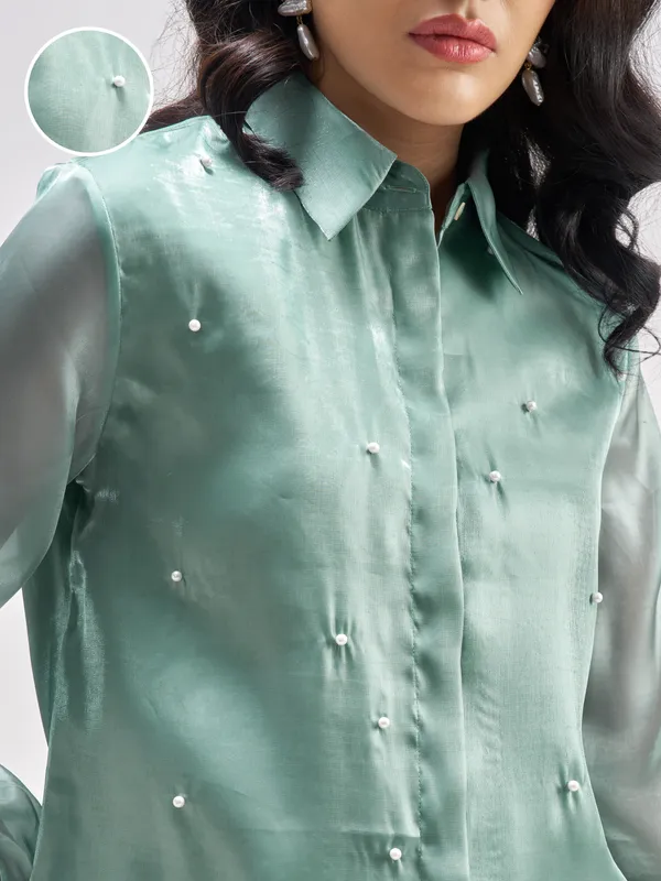 Tokyo Talkies Women Green Solid Casual Shirt