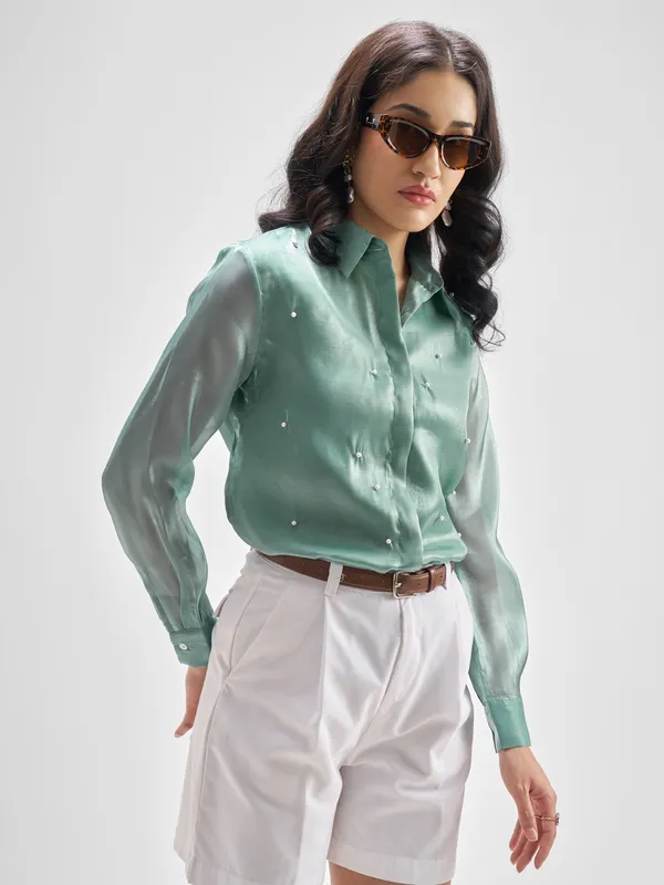 Tokyo Talkies Women Green Solid Casual Shirt