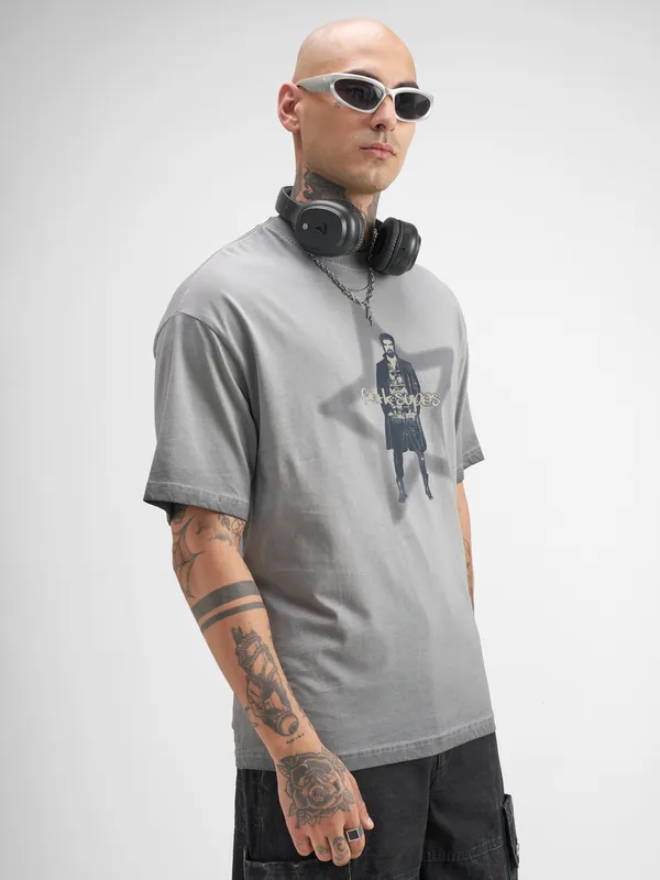 Highlander Men Grey The Boys Printed Round Neck Oversized Fit T-Shirt