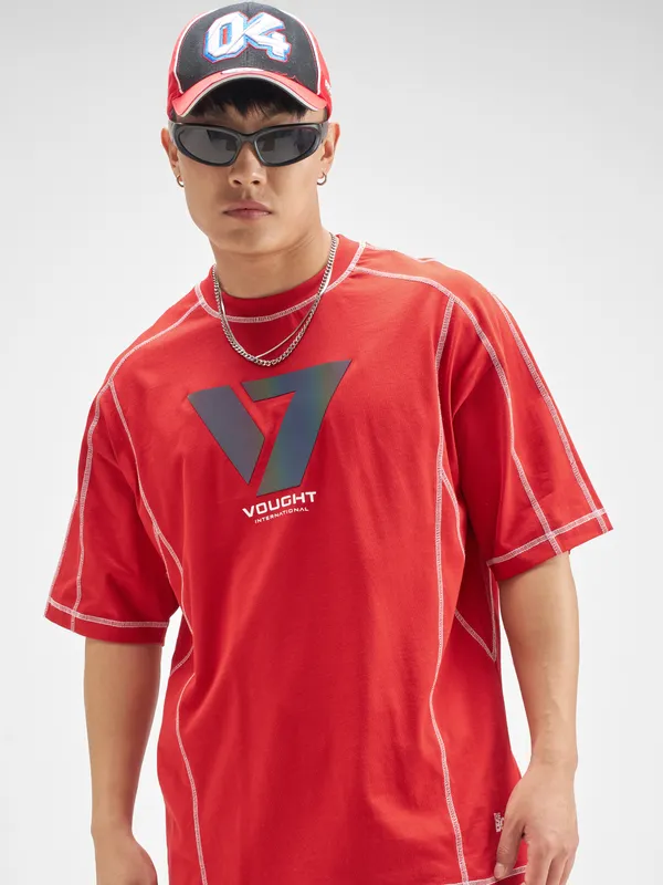 Highlander Men Red The Boys Printed Round Neck Oversized Fit T-Shirt