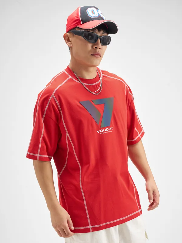 Highlander Men Red The Boys Printed Round Neck Oversized Fit T-Shirt