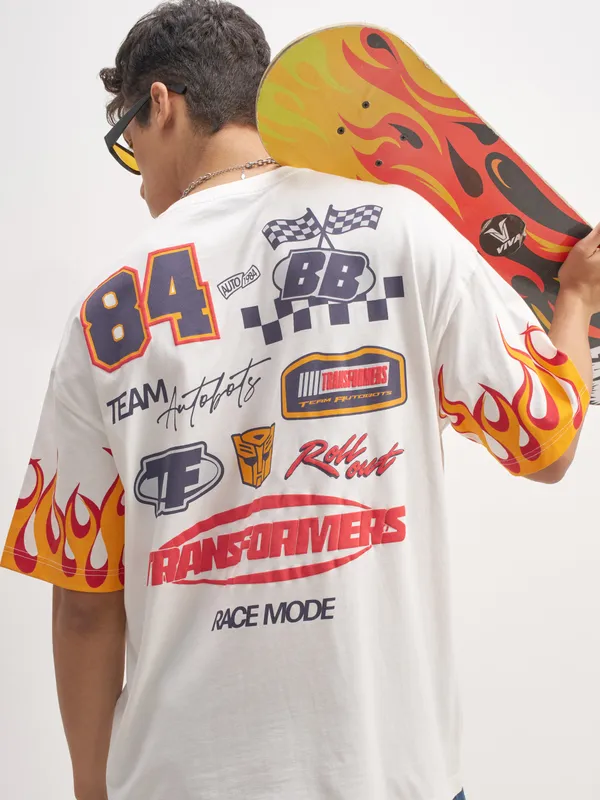 Highlander Men White Transformers Printed Round Neck T-Shirt