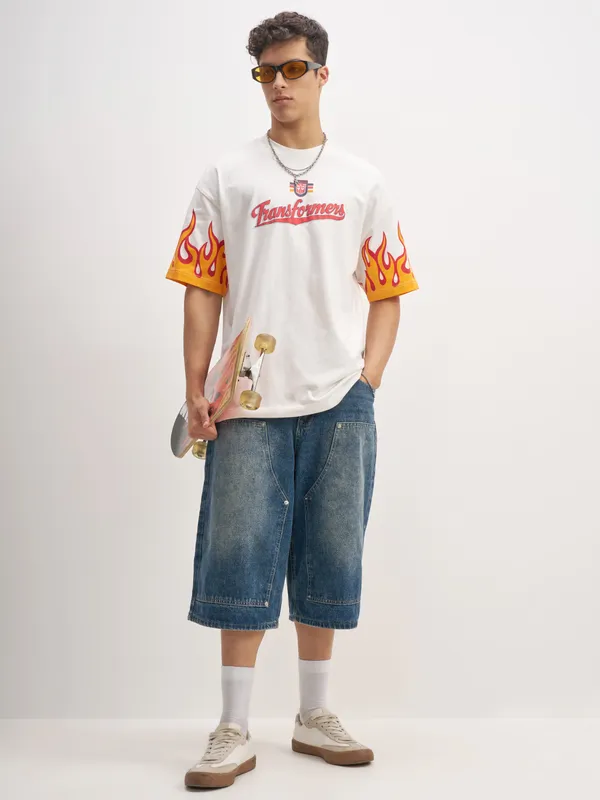 Highlander Men White Transformers Printed Round Neck T-Shirt