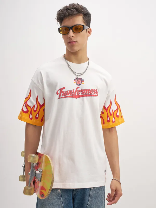 Highlander Men White Transformers Printed Round Neck T-Shirt