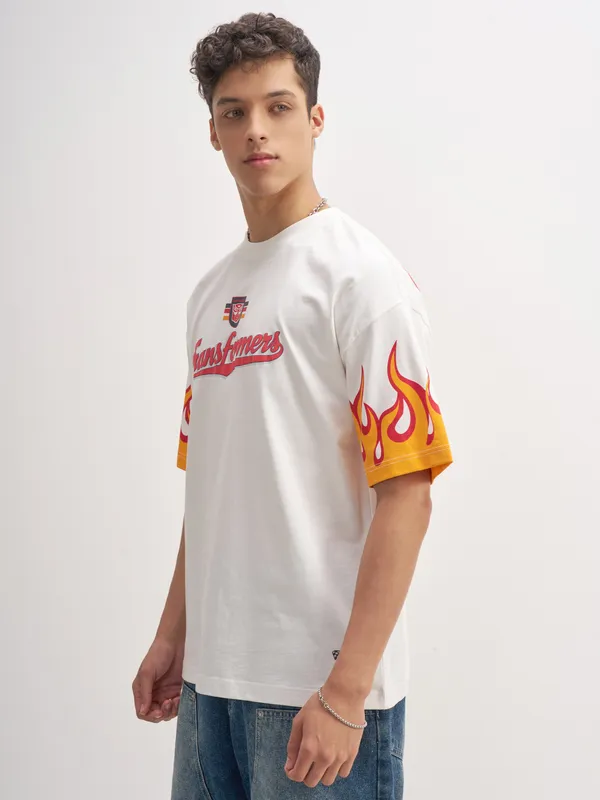 Highlander Men White Transformers Printed Round Neck T-Shirt
