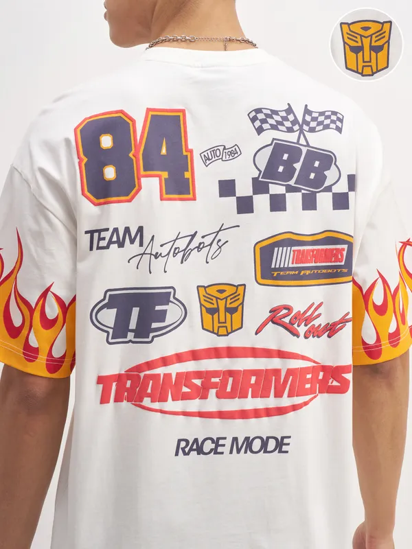 Highlander Men White Transformers Printed Round Neck T-Shirt