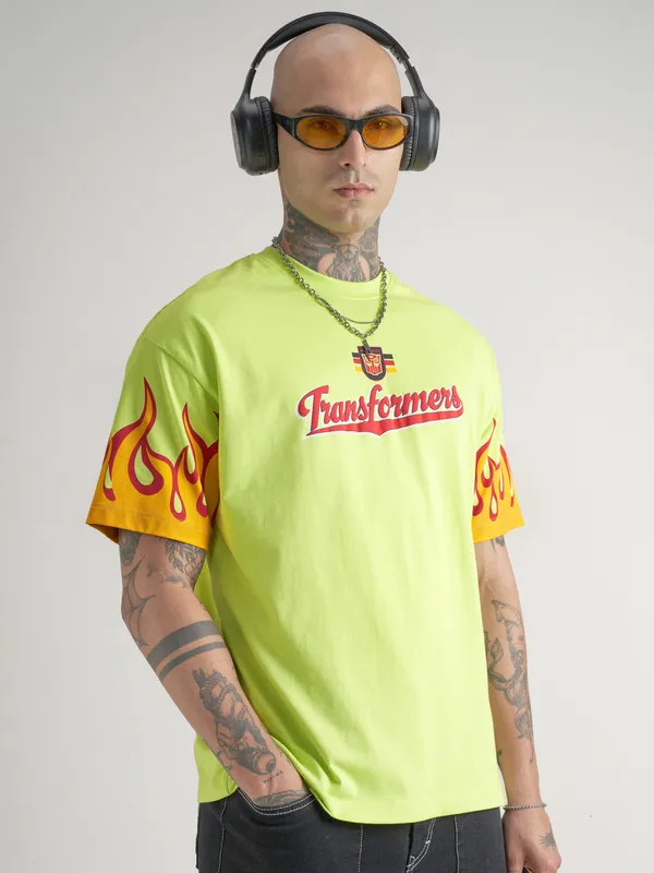 Highlander Men Green Transformers Printed Round Neck T-Shirt