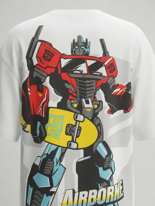 Highlander Men White Transformers Printed Round Neck T-Shirt
