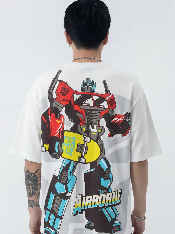Highlander Men White Transformers Printed Round Neck T-Shirt