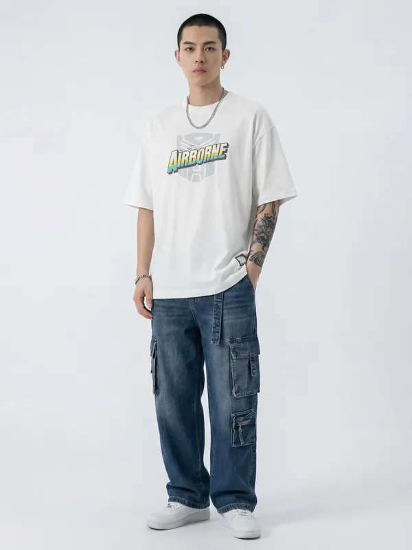 Highlander Men White Transformers Printed Round Neck T-Shirt