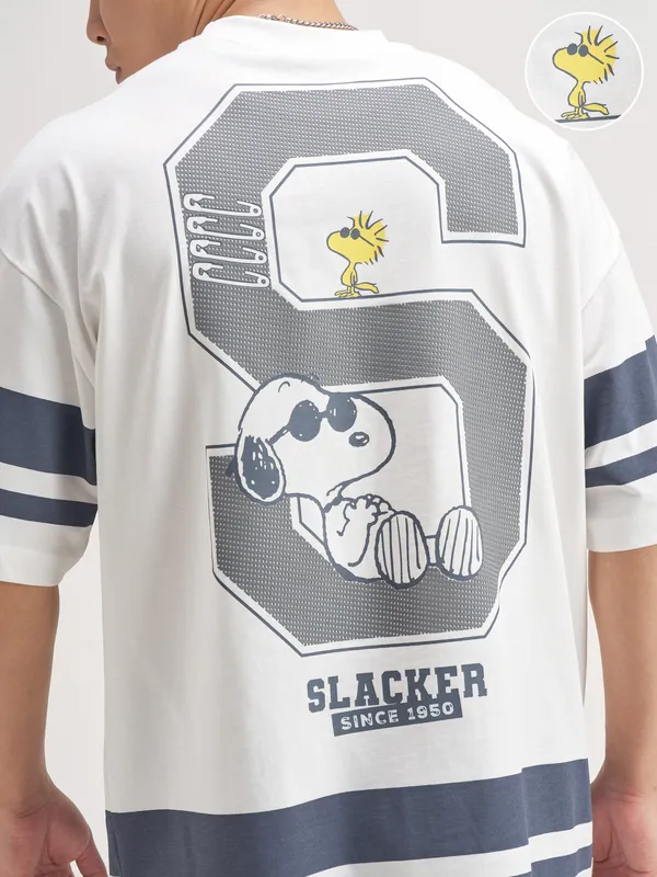 Highlander Men White Peanuts Printed Round Neck Oversized Fit T-Shirt