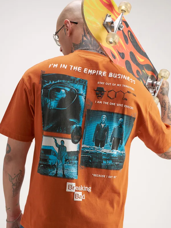 Highlander Men Orange Breaking Bad Printed Round Neck Oversized Fit T-Shirt