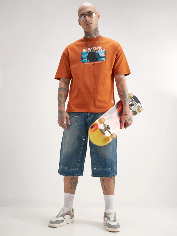 Highlander Men Orange Breaking Bad Printed Round Neck Oversized Fit T-Shirt
