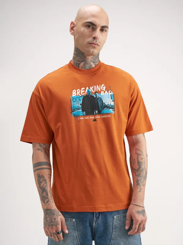 Highlander Men Orange Breaking Bad Printed Round Neck Oversized Fit T-Shirt