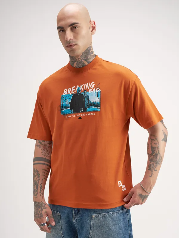 Highlander Men Orange Breaking Bad Printed Round Neck Oversized Fit T-Shirt