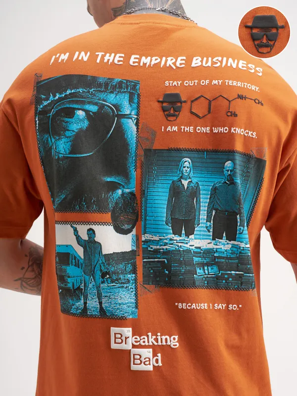 Highlander Men Orange Breaking Bad Printed Round Neck Oversized Fit T-Shirt