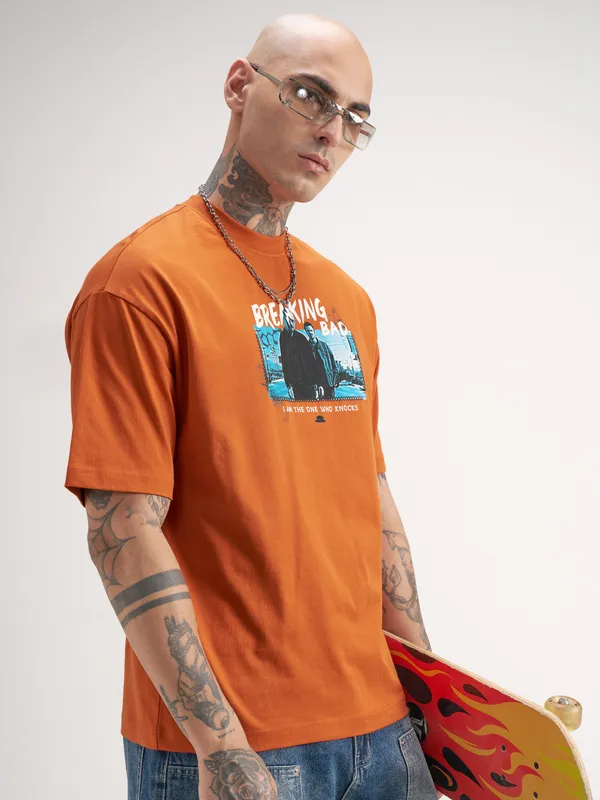 Highlander Men Orange Breaking Bad Printed Round Neck Oversized Fit T-Shirt