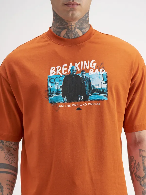 Highlander Men Orange Breaking Bad Printed Round Neck Oversized Fit T-Shirt