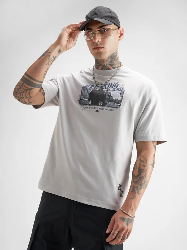 Highlander Men Orange Breaking Bad Printed Round Neck Oversized Fit T-Shirt