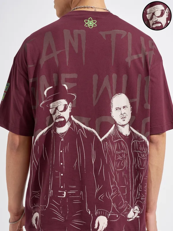 Highlander Men Maroon Breaking Bad Printed Round Neck Oversized Fit T-Shirt