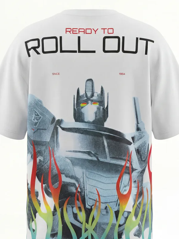 Highlander Men White Optimus Prime Printed Round Neck Oversized Fit T-Shirt