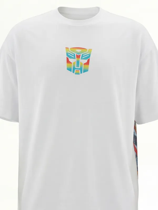 Highlander Men White Optimus Prime Printed Round Neck Oversized Fit T-Shirt