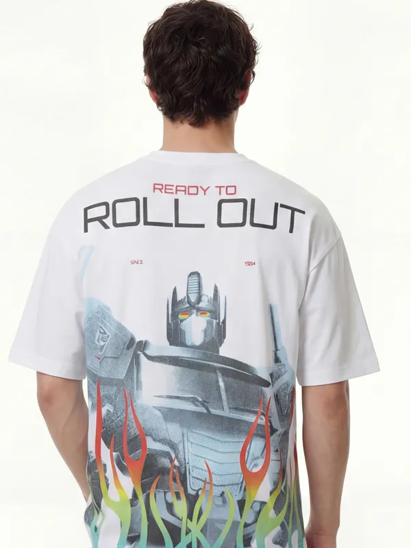 Highlander Men White Optimus Prime Printed Round Neck Oversized Fit T-Shirt