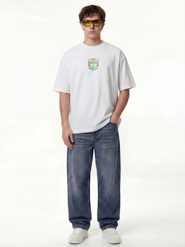 Highlander Men White Optimus Prime Printed Round Neck Oversized Fit T-Shirt