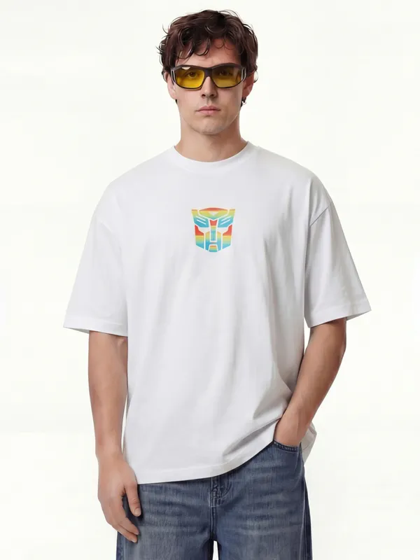 Highlander Men White Optimus Prime Printed Round Neck Oversized Fit T-Shirt