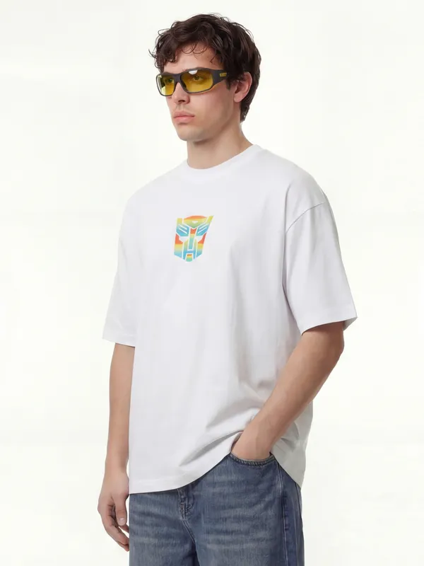 Highlander Men White Optimus Prime Printed Round Neck Oversized Fit T-Shirt