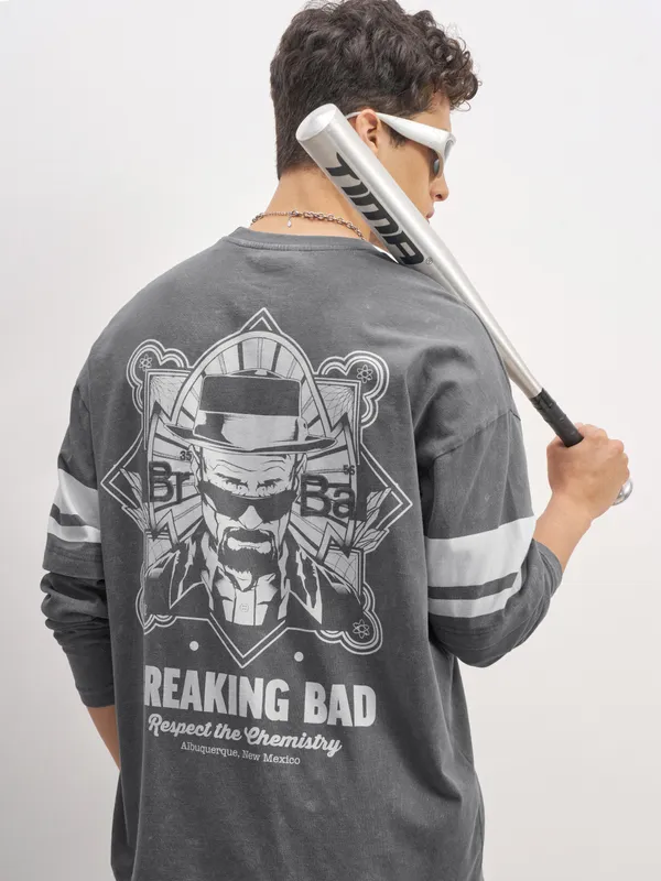 Highlander Men Grey Breaking Bad Printed Round Neck Oversized Fit T-Shirt