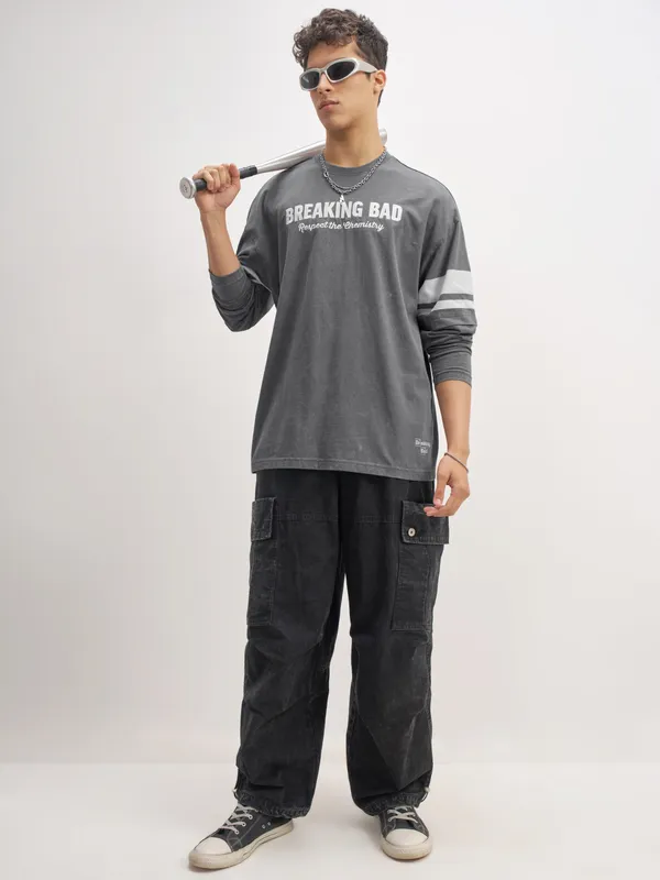 Highlander Men Grey Breaking Bad Printed Round Neck Oversized Fit T-Shirt