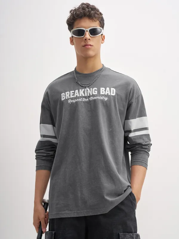 Highlander Men Grey Breaking Bad Printed Round Neck Oversized Fit T-Shirt
