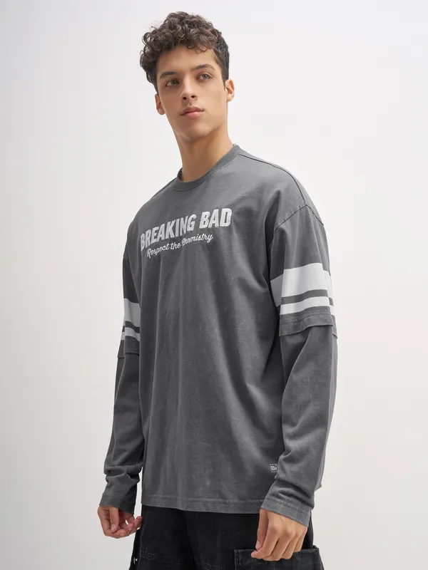 Highlander Men Grey Breaking Bad Printed Round Neck Oversized Fit T-Shirt