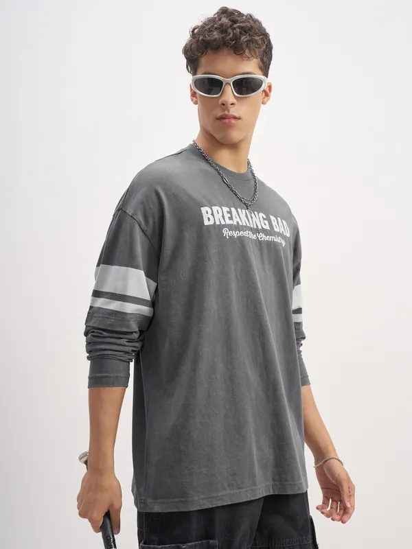Highlander Men Grey Breaking Bad Printed Round Neck Oversized Fit T-Shirt