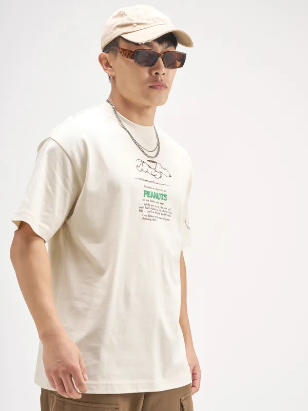 Highlander Men Beige Snoopy Peanuts Printed Round Neck T-Shirt