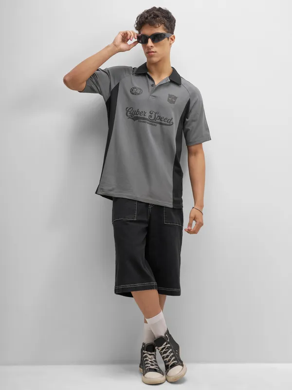 Highlander Men Grey Transformers Printed Polo Collar T-Shirt