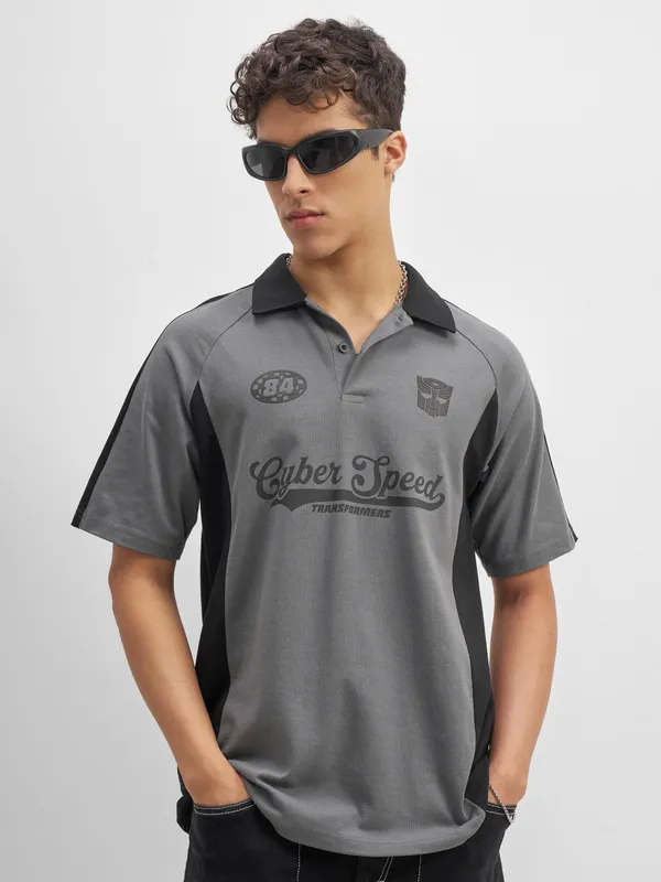 Highlander Men Grey Transformers Printed Polo Collar T-Shirt