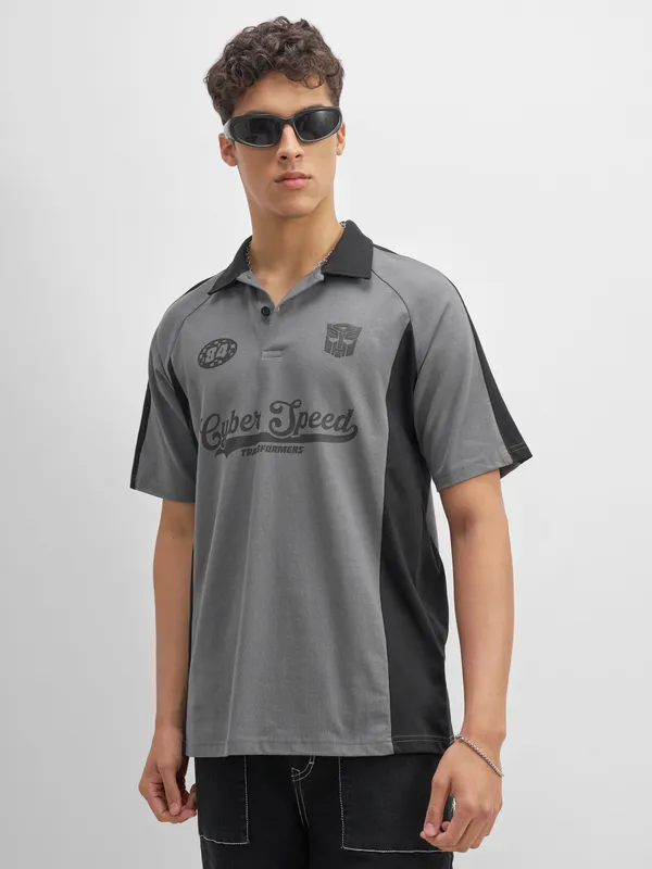 Highlander Men Grey Transformers Printed Polo Collar T-Shirt