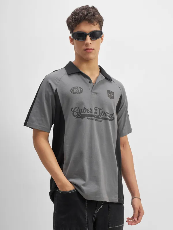 Highlander Men Grey Transformers Printed Polo Collar T-Shirt